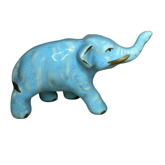 Vintage Ceramic Blue Glazed Elephant Figurine Trunk Up Gold Details - Picture 3 of 6